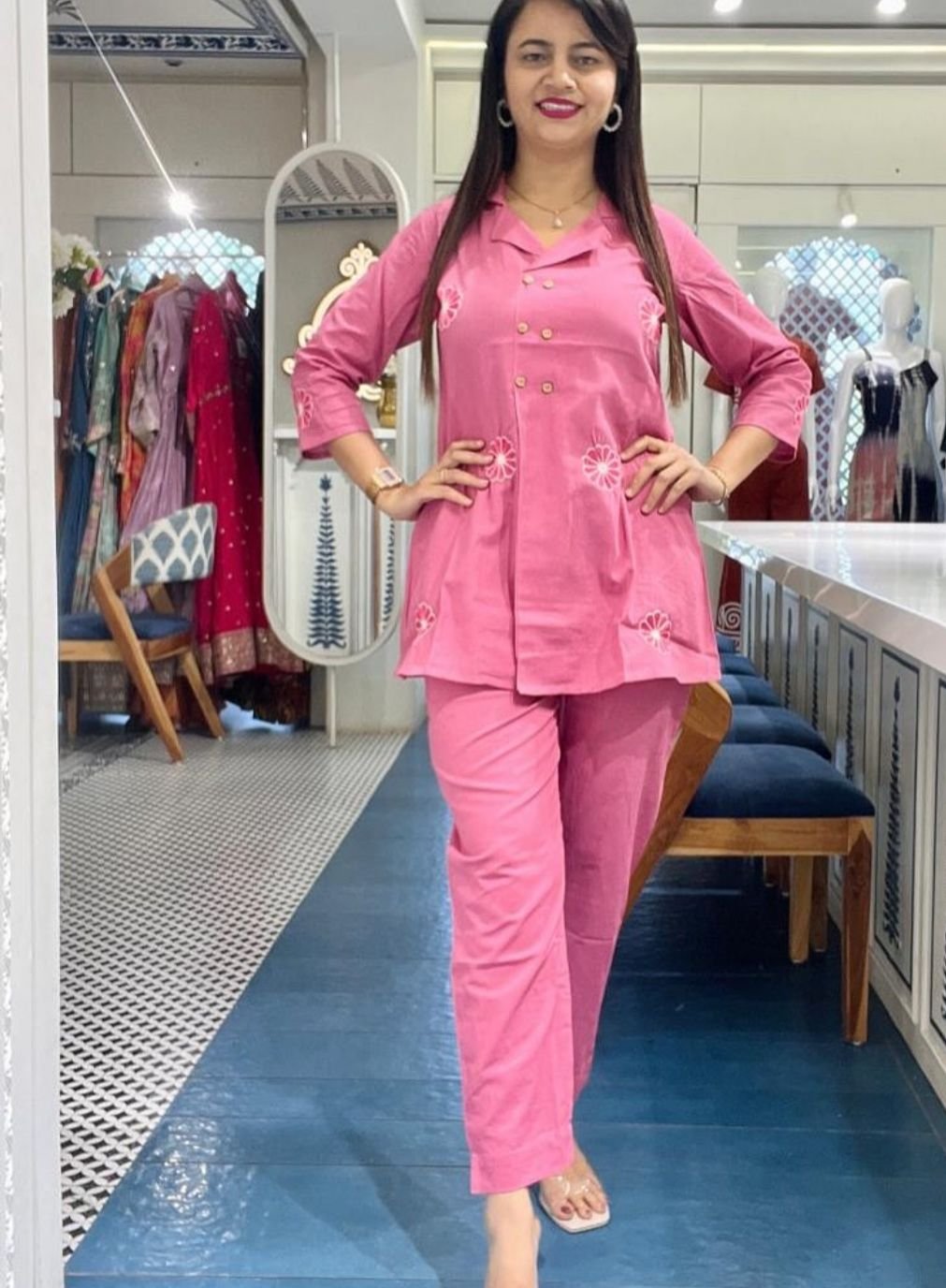 Pink Cotton Slub Angrakha Embroidered Co-Ord Set